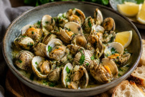 Bowl of Dublin Bay cockles cooked in garlic butter and fresh herbs with lemon wedges and crusty bread.
