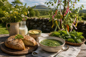 Outdoor Bealtaine-inspired Irish table with soda bread, fresh milk, butter, nettle soup, and wild greens beside a ribbon-decorated May bush in the countryside.
