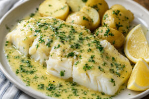 Plate of salt cod topped with creamy parsley butter sauce served with potatoes and lemon wedges.
