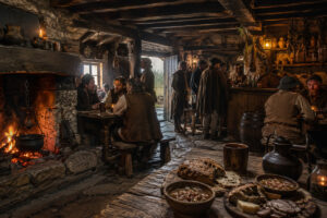 Interior of a medieval Irish alehouse with a roaring hearth fire, wooden tables, rustic food and drink, and patrons gathered for conversation in a warm, candlelit atmosphere.
