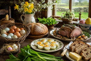Springtime Irish farmhouse table featuring fresh eggs in wicker baskets, rustic brown bread, deviled eggs, butter, wild garlic, daffodils, and a traditional roasted lamb meal beside a countryside window.