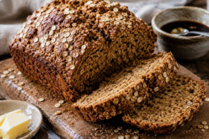 Rustic oatmeal and molasses loaf topped with rolled oats and sliced on a wooden board
