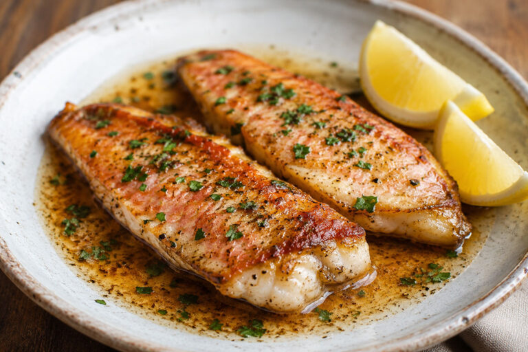 Pan-fried gurnard fillets topped with brown butter sauce, parsley, and lemon wedges on a rustic plate