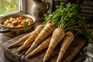 Freshly harvested parsnips with leafy tops resting on a weathered wooden cutting board in a rustic Irish farmhouse kitchen, with a traditional vegetable bake and countryside window in the background.