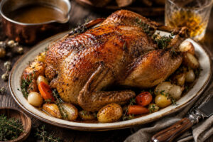 Roast guinea fowl served with Irish whiskey jus, roasted baby potatoes, carrots, pearl onions, and fresh thyme on a rustic platter