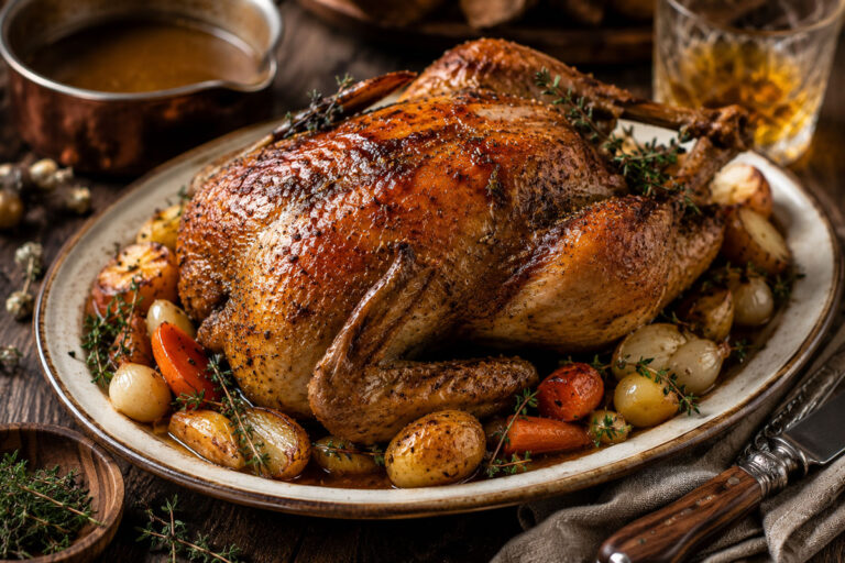 Roast guinea fowl served with Irish whiskey jus, roasted baby potatoes, carrots, pearl onions, and fresh thyme on a rustic platter