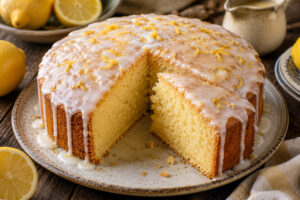 Rustic homemade buttermilk lemon cake with a light lemon glaze and fresh lemon zest