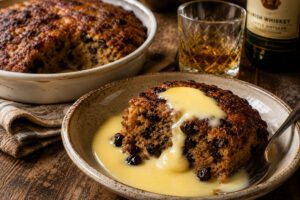 Warm Irish whiskey-soaked raisin pudding with a golden rustic top served with creamy custard